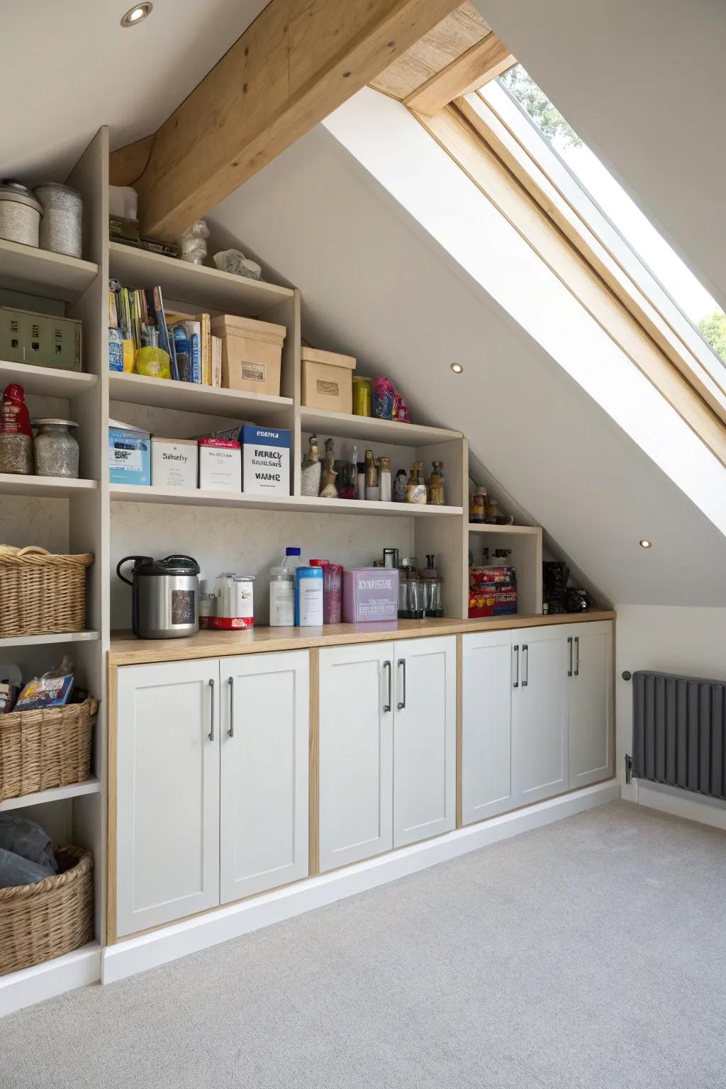 Under-eave cupboards make use of sloped ceiling areas.