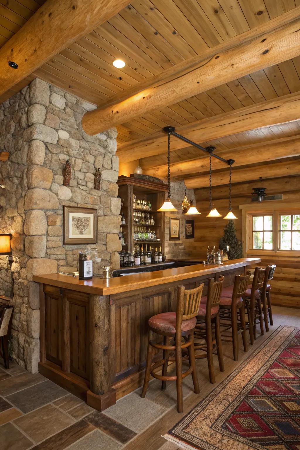 A log cabin bar featuring a unique mix of wood and stone materials.