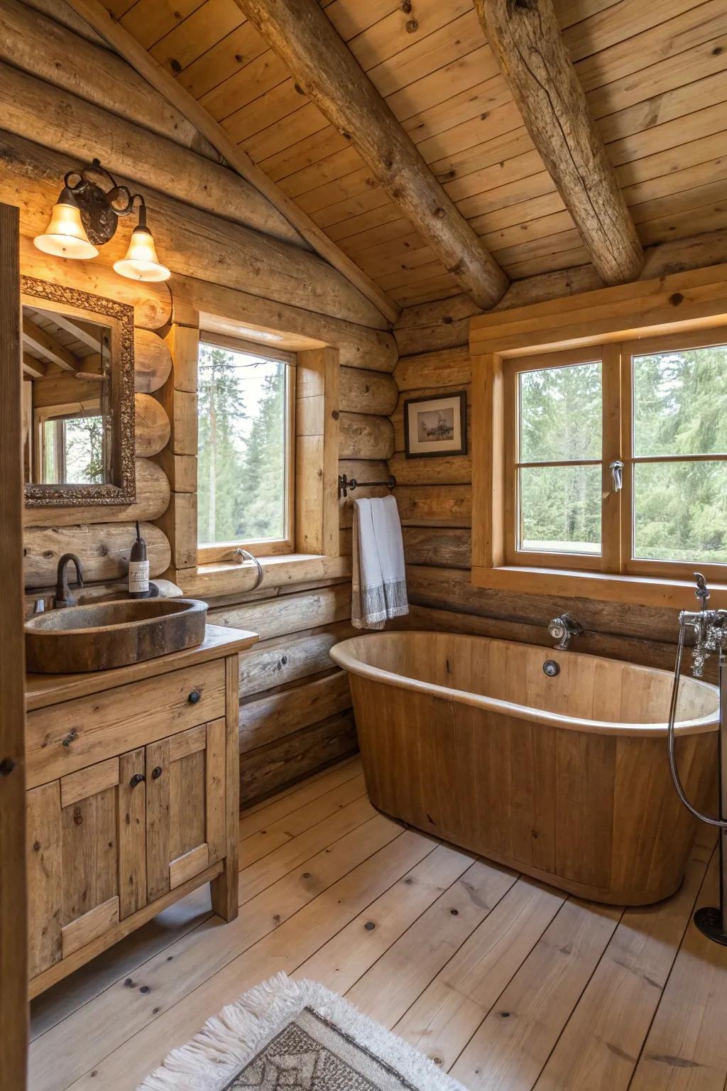 A rustic log cabin bathroom featuring warm wood elements.