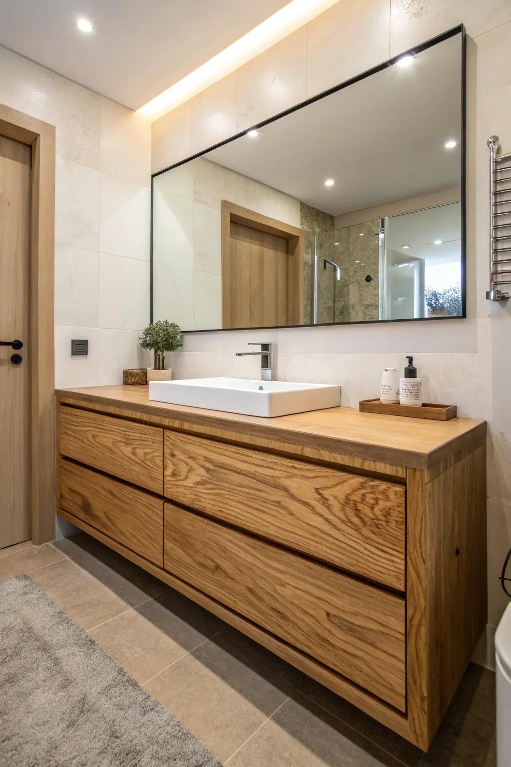 Natural wood vanities add warmth and character to the bathroom.