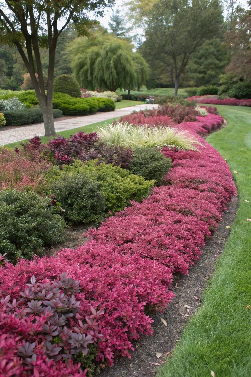 Loropetalum serves as a stunning ground cover, adding texture and color.