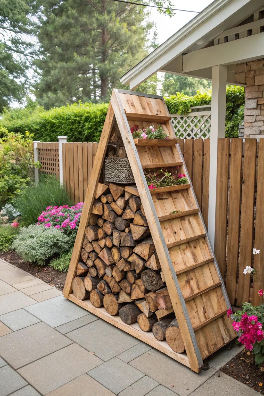 A-frame racks provide both style and functionality for wood storage.