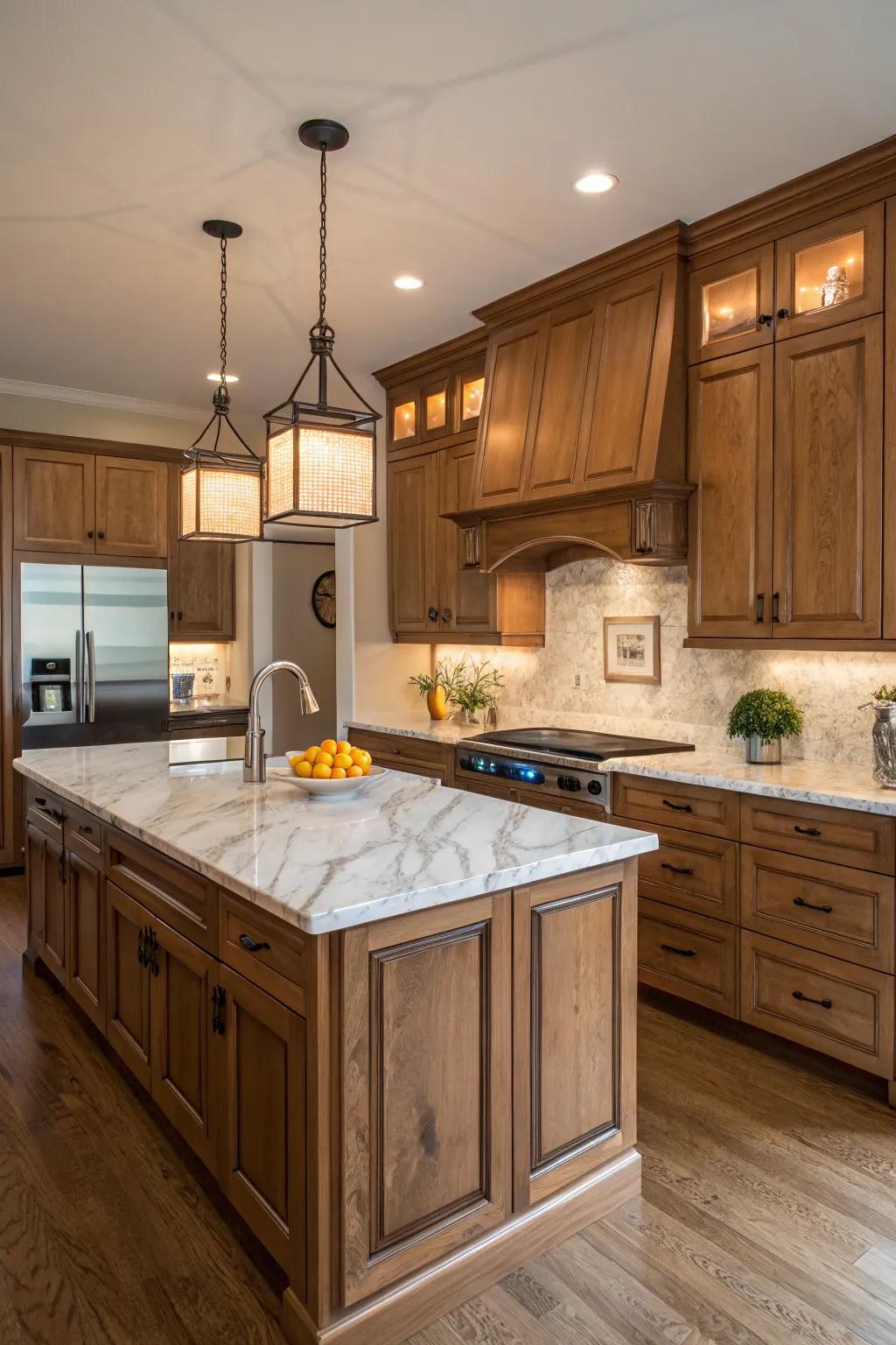 A warm kitchen with medium-toned wood and marble.