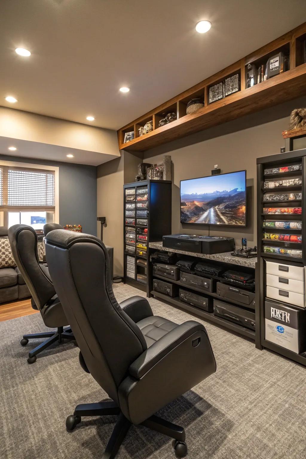 Design a gaming haven with a focus on comfort and organization.