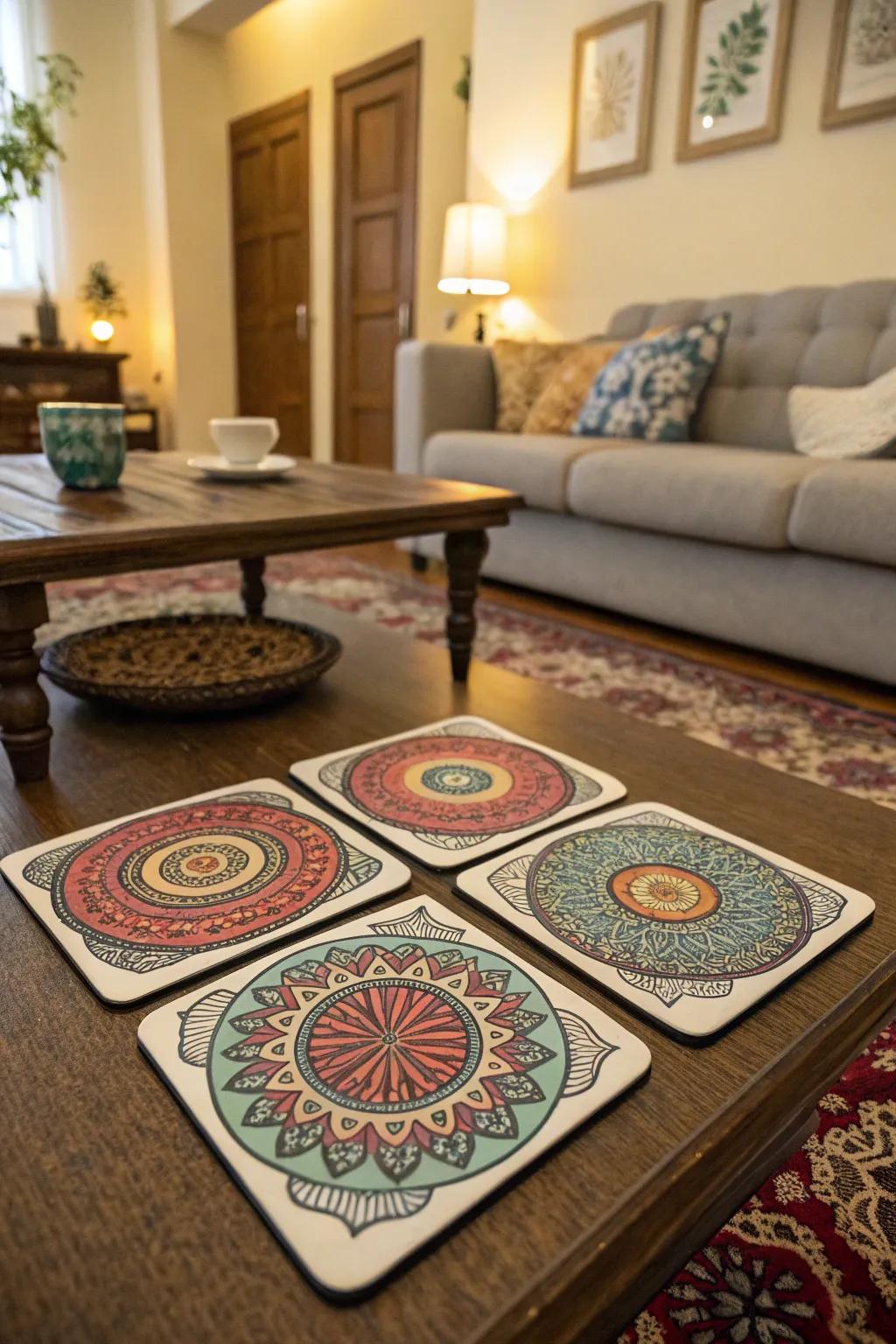 Mandala coasters add a touch of elegance to your coffee table.