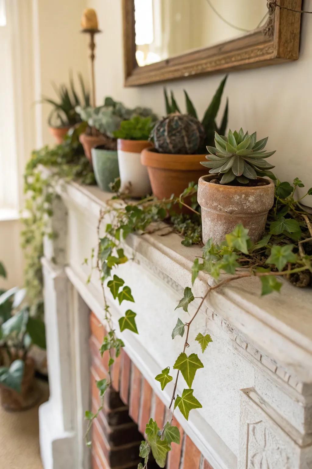 Bring nature indoors with lush greenery on your mantel.