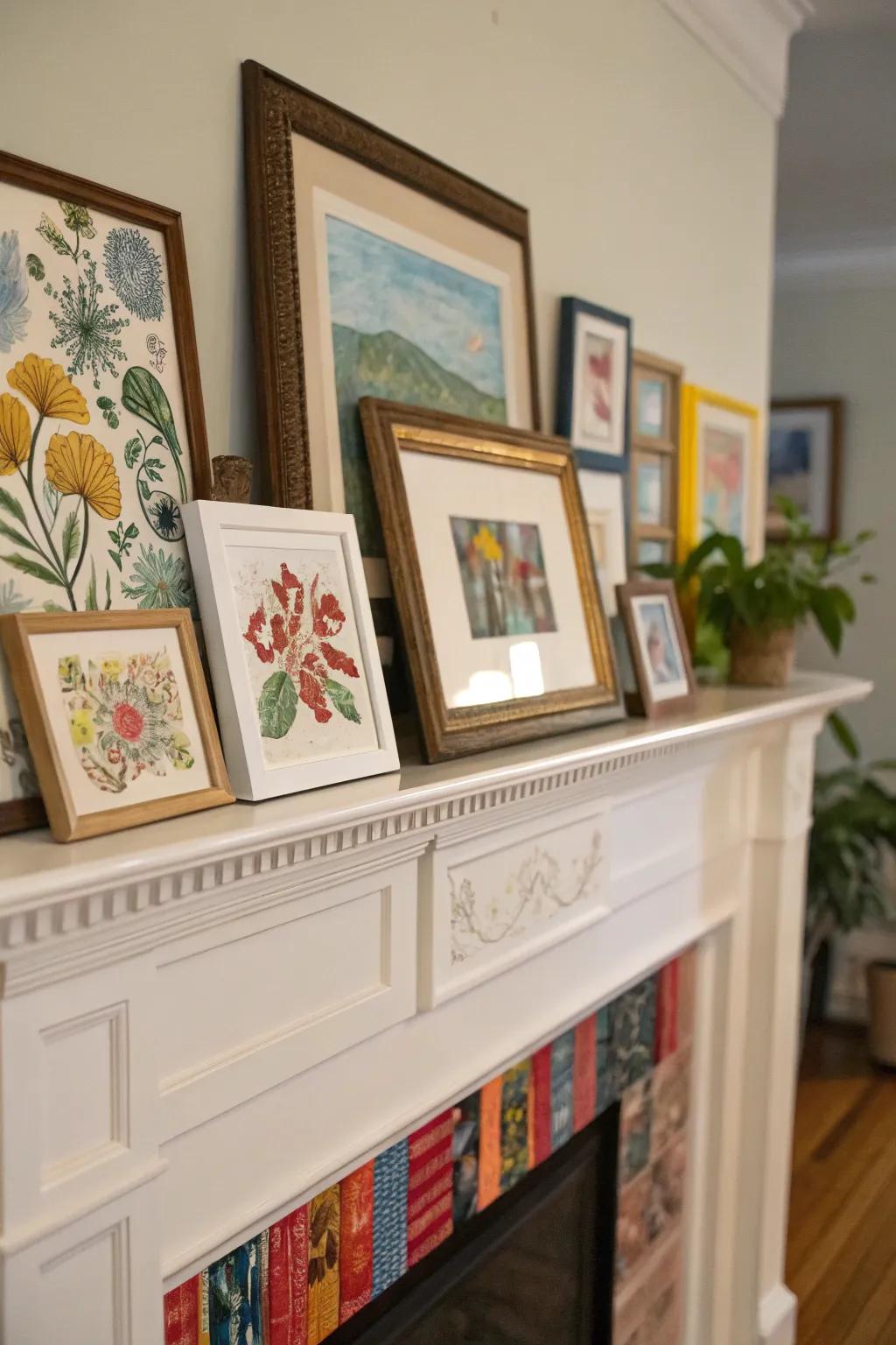 A mantel with a variety of framed artwork and paintings.