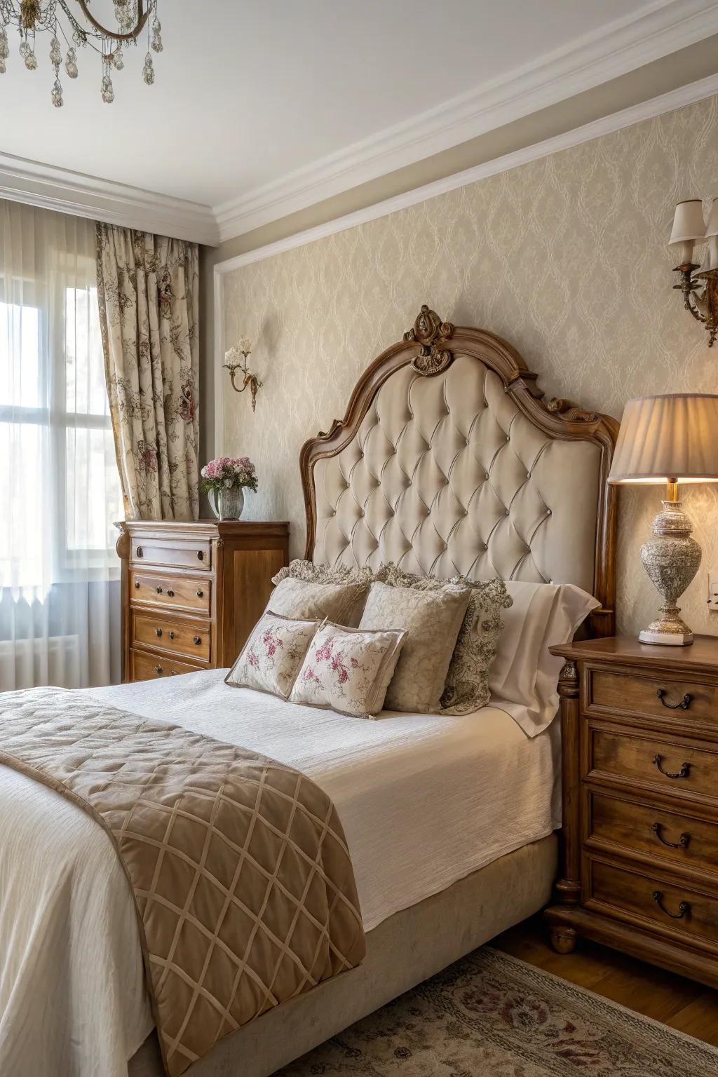 Vintage furniture pieces bring a touch of old Hollywood glamour to your bedroom.