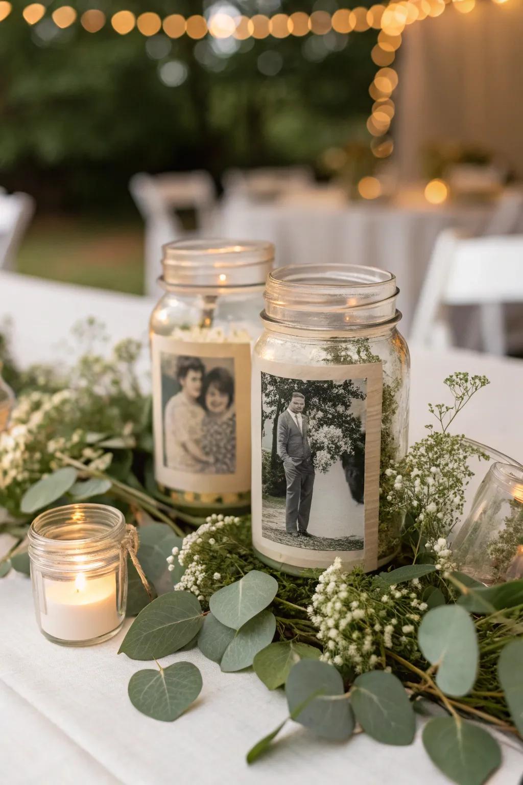 Mason jars with vintage photos create a nostalgic and personal touch.