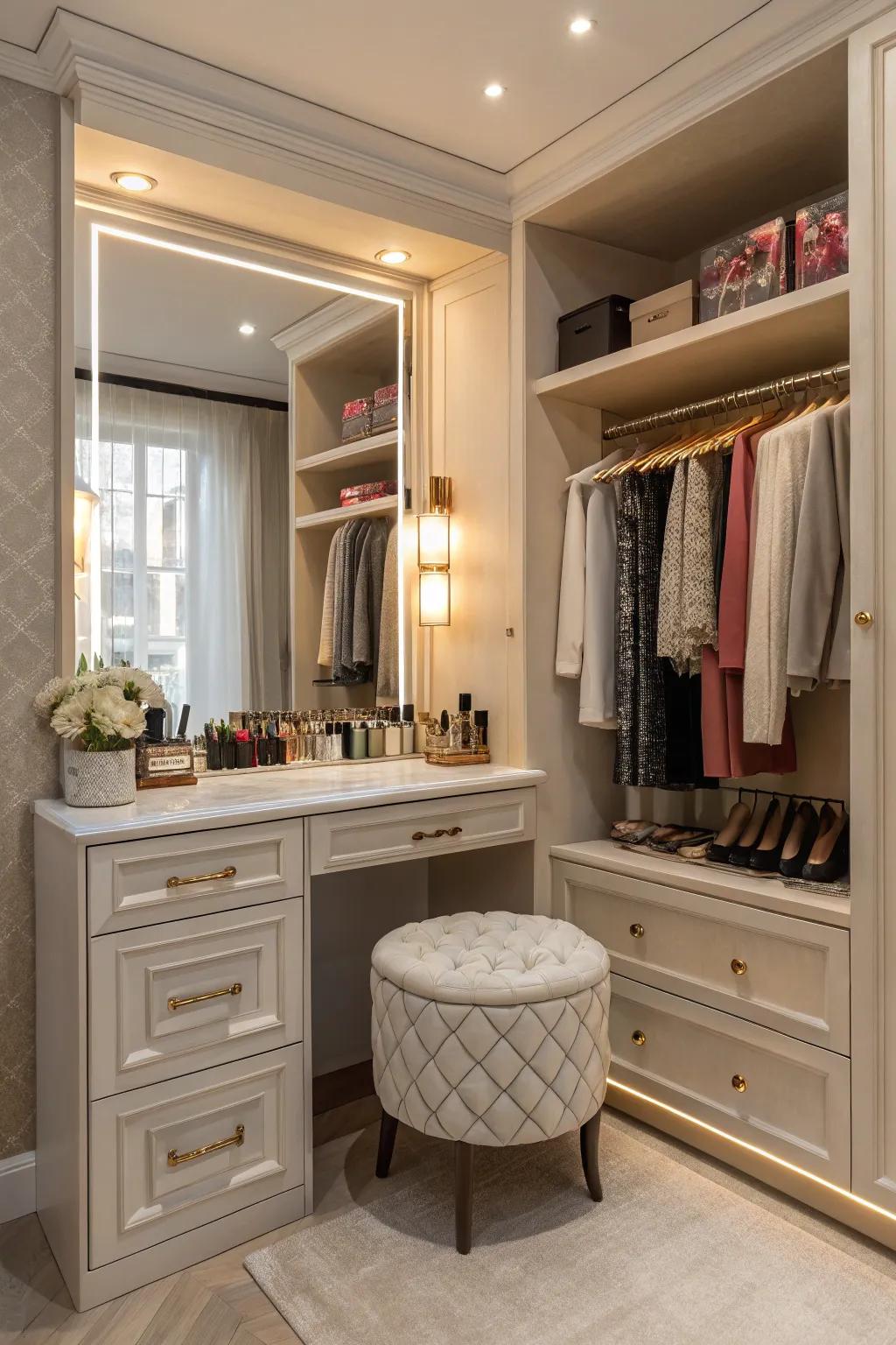 A vanity adds a touch of luxury to your master closet.