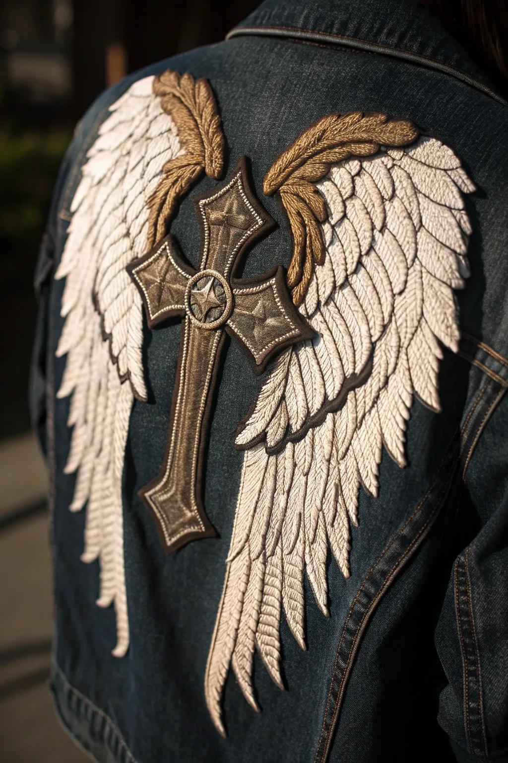 Elevate your style with a touch of the divine: handcrafted wings and cross patch.