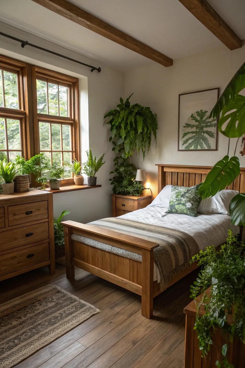 A touch of greenery adds life to this stylish bedroom.