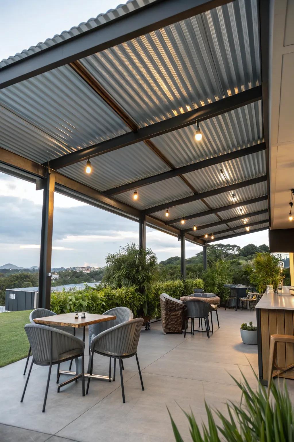 An industrial-style patio with a corrugated metal roof, perfect for modern design enthusiasts.