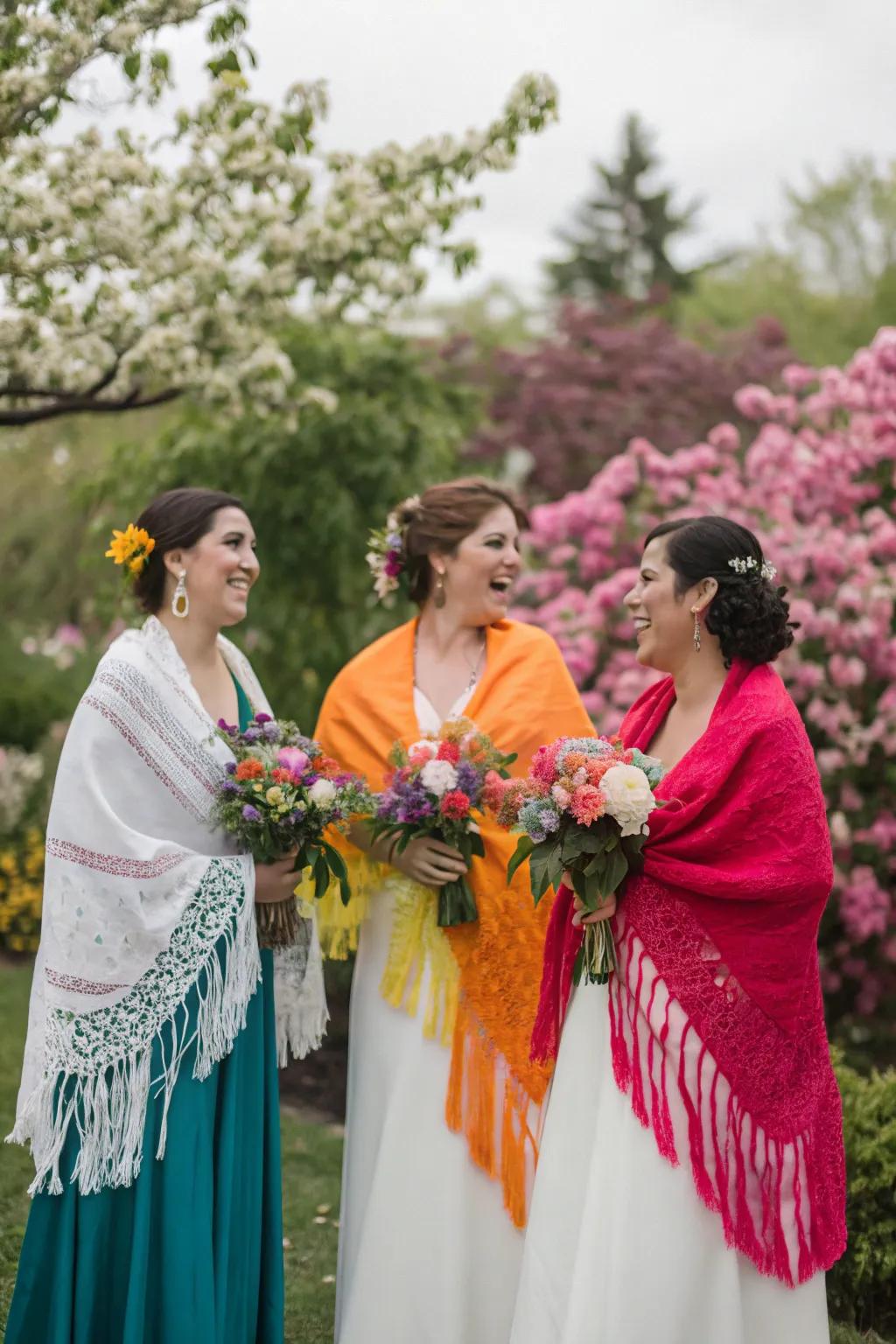 Bridesmaids elegantly draped in colorful rebozos, adding charm to their attire.