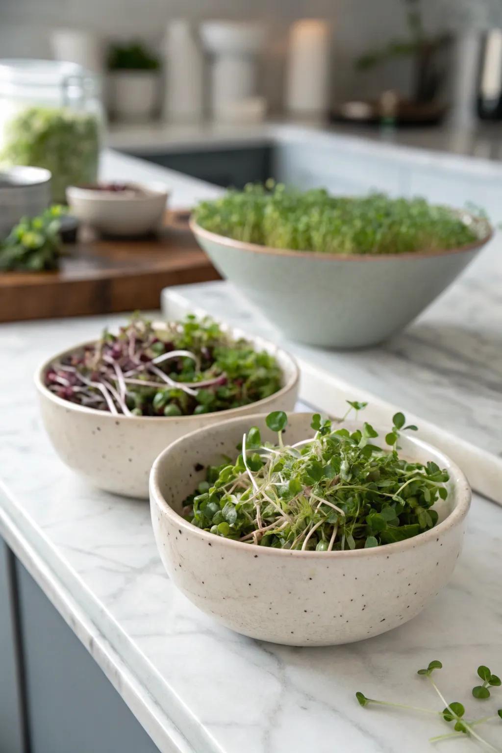 Grow your microgreens in colorful ceramic bowls for a modern touch.