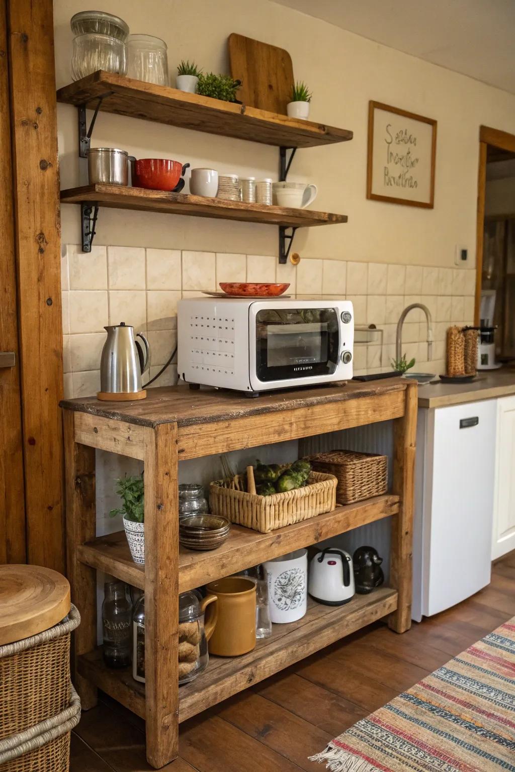 Rustic charm with a wooden microwave shelf.