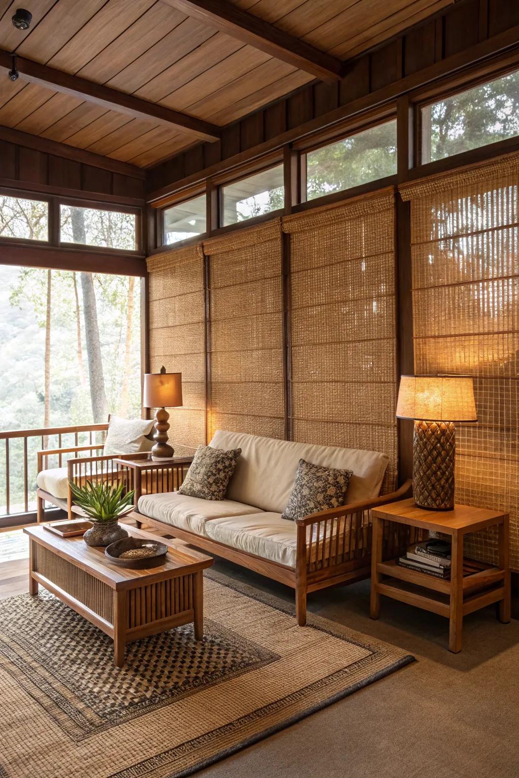 Woven wood shades add texture and warmth to a mid-century modern room.