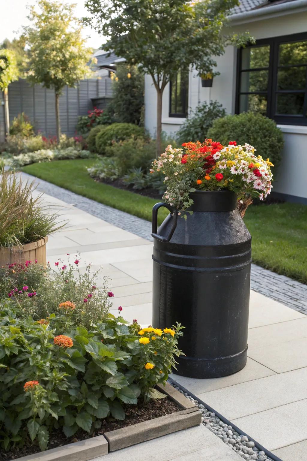 A black-painted milk can adds a modern touch to any space.