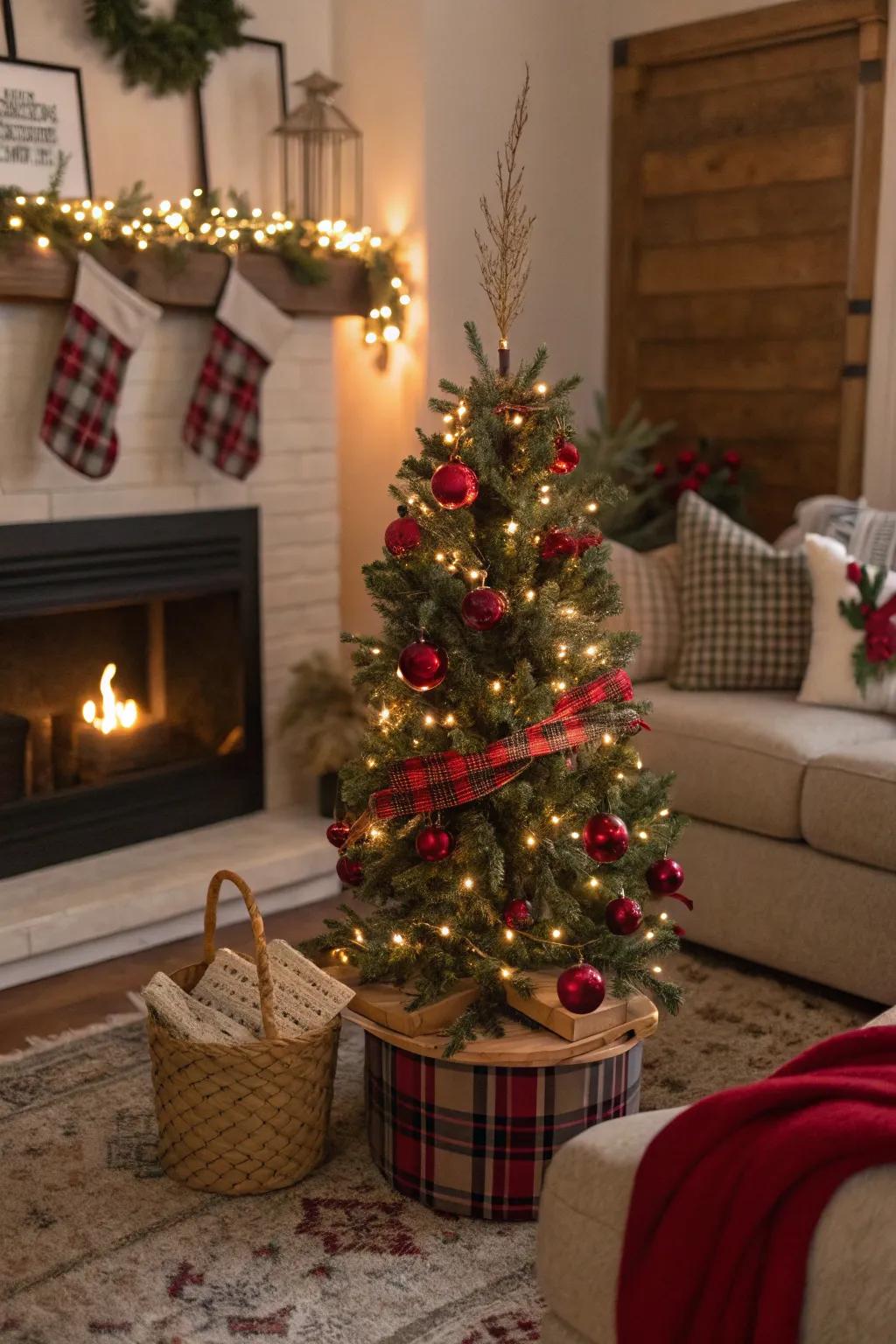 A mini Christmas tree with plaid and cranberry decorations for a cozy vibe.