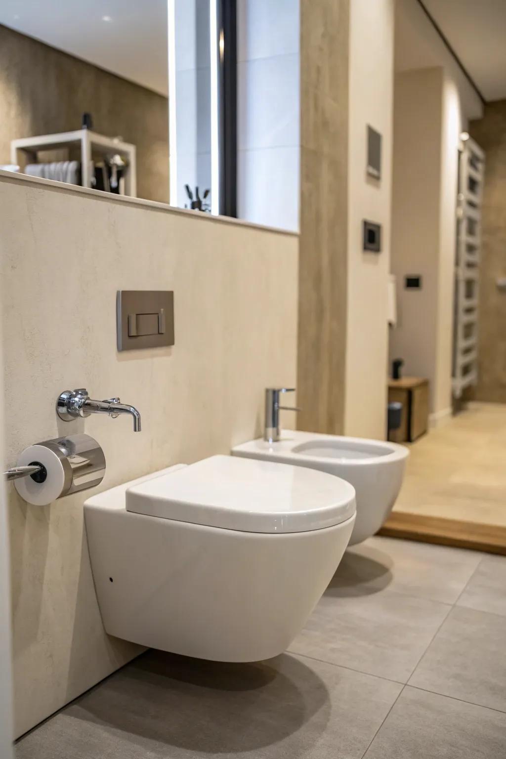 A minimalist bathroom with space-saving wall-mounted fixtures.