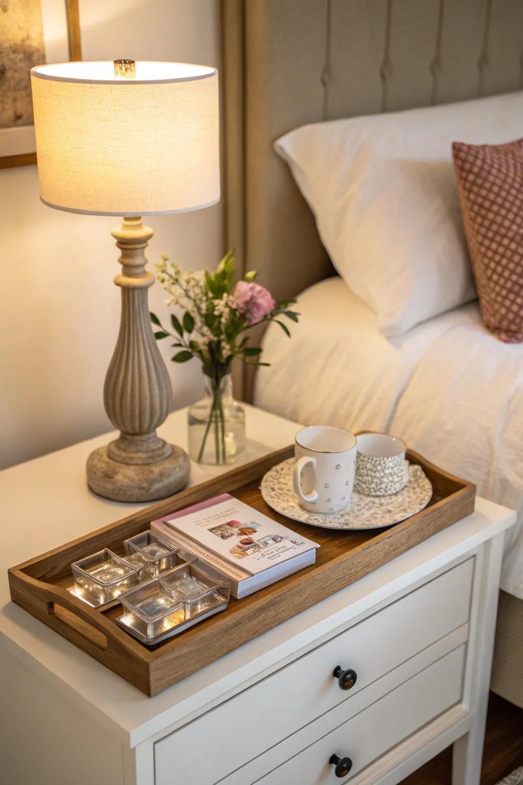 A tray helps organize and elevate your nightstand decor.