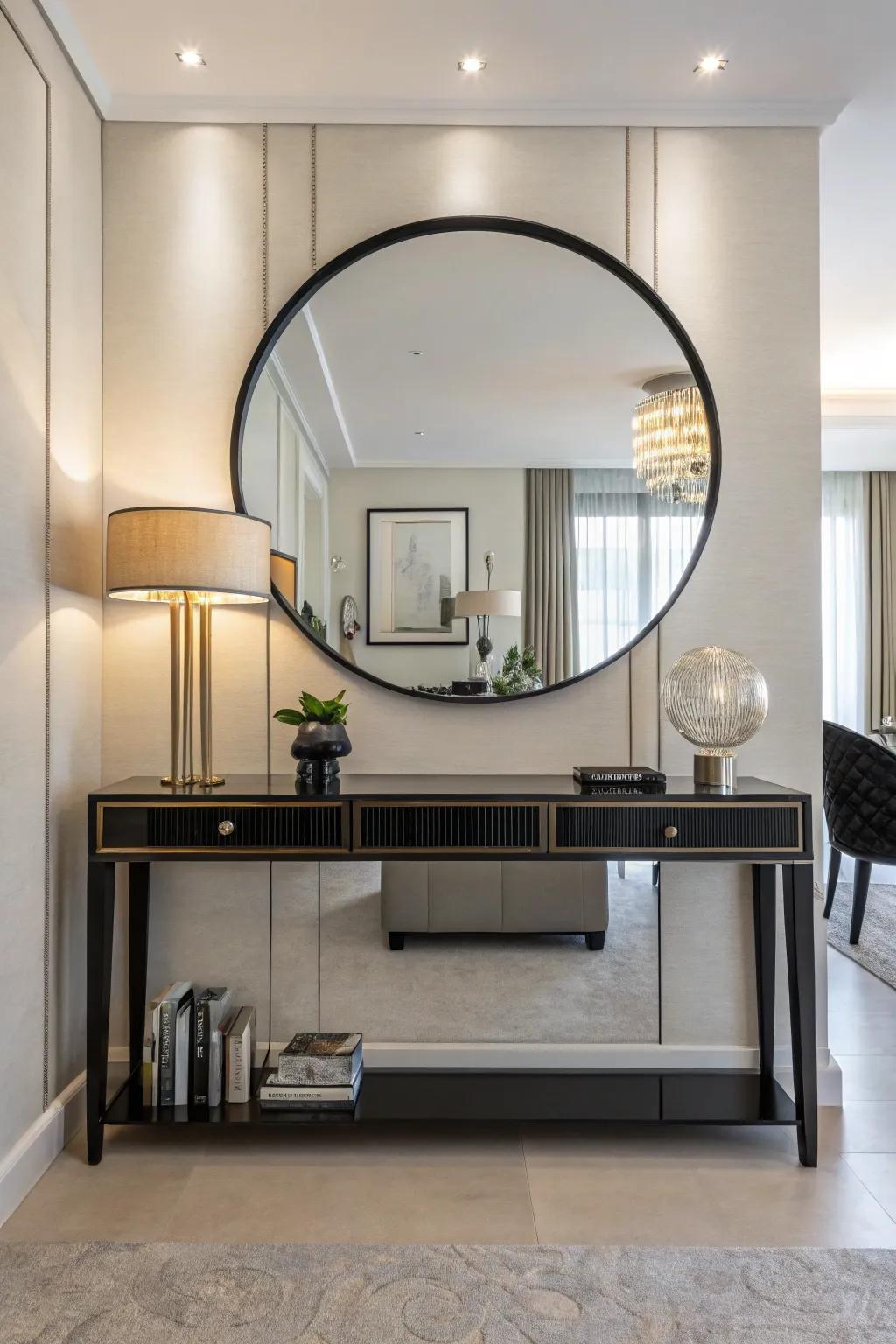 A round mirror adds a touch of softness to modern decor.