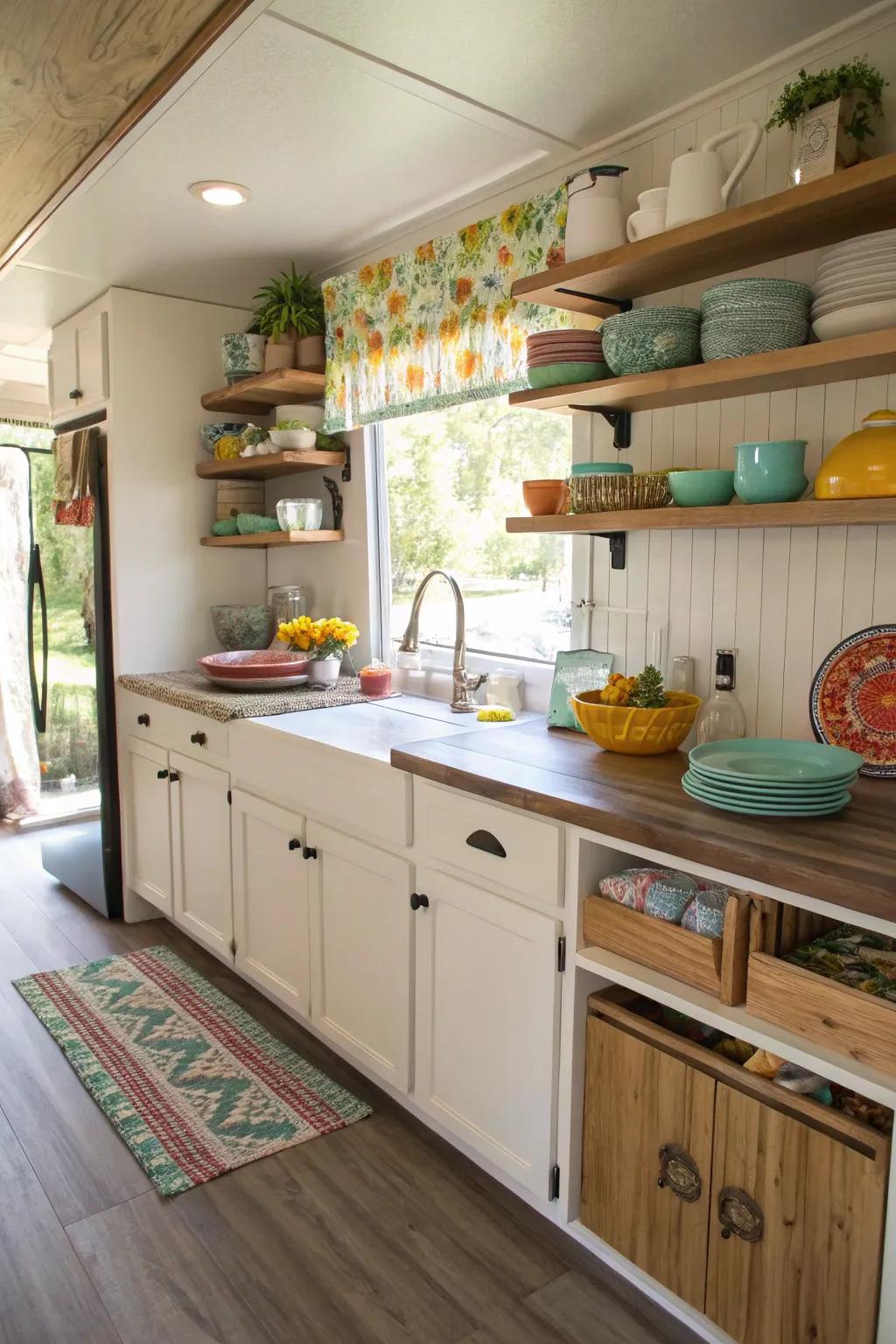 A well-organized mobile home kitchen with a mix of cabinets and open shelving.