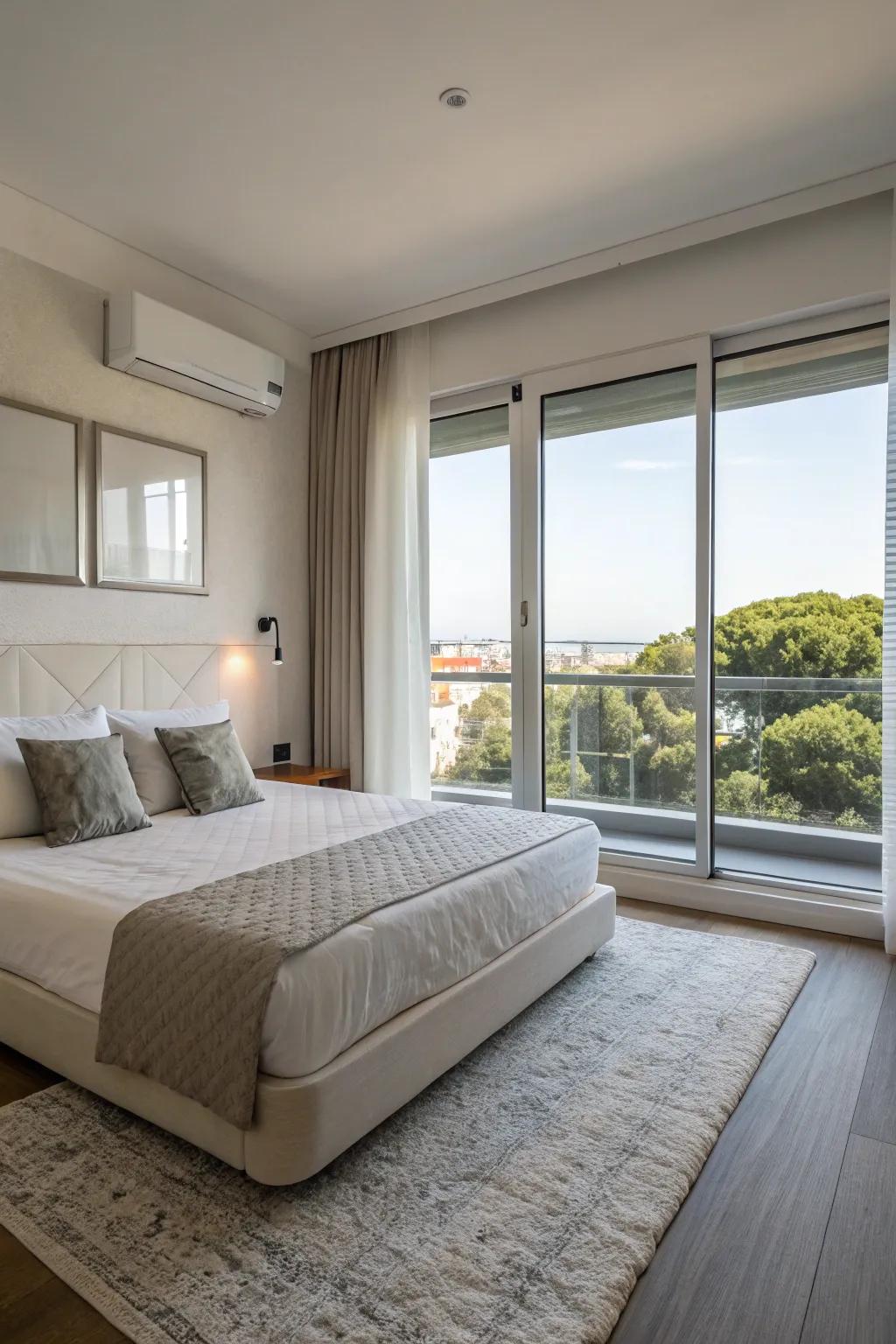 A low bed keeps the window view clear and enhances the room's spaciousness.