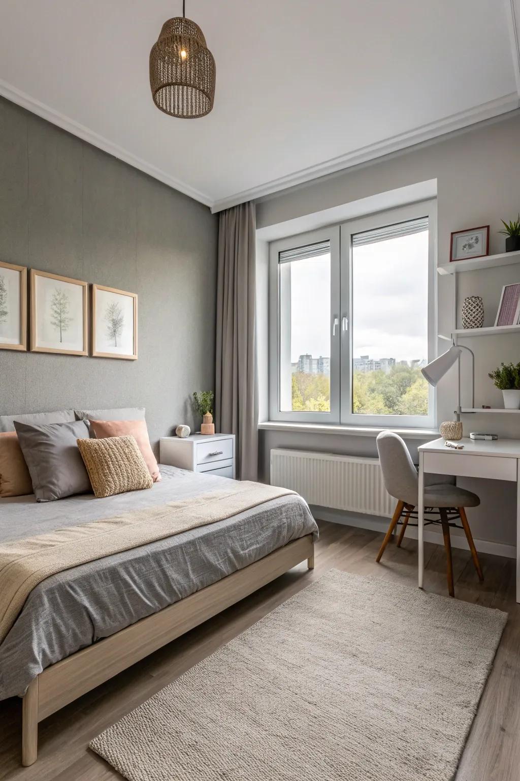 A neutral color scheme creates a calming backdrop in this modern bedroom.