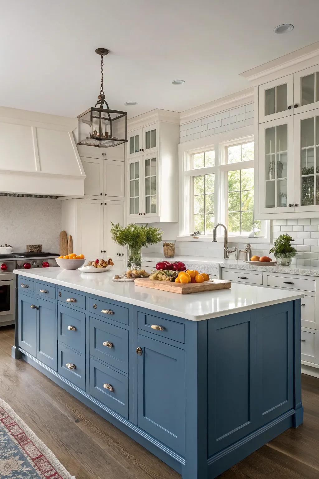 Two-tone cabinets add depth and character to the kitchen layout.