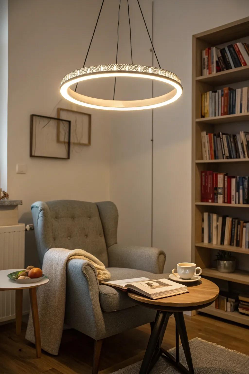 LED ring chandeliers provide ambient light in a cozy nook.