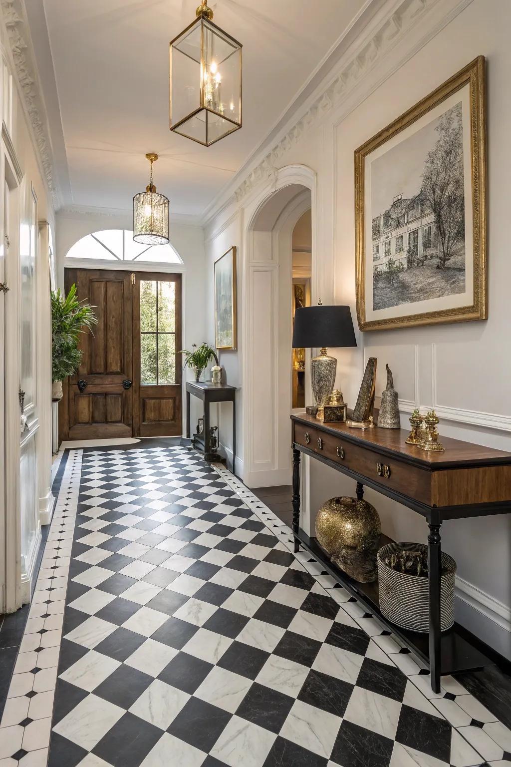 A timeless black and white checkered tile floor that brings elegance to any entryway.