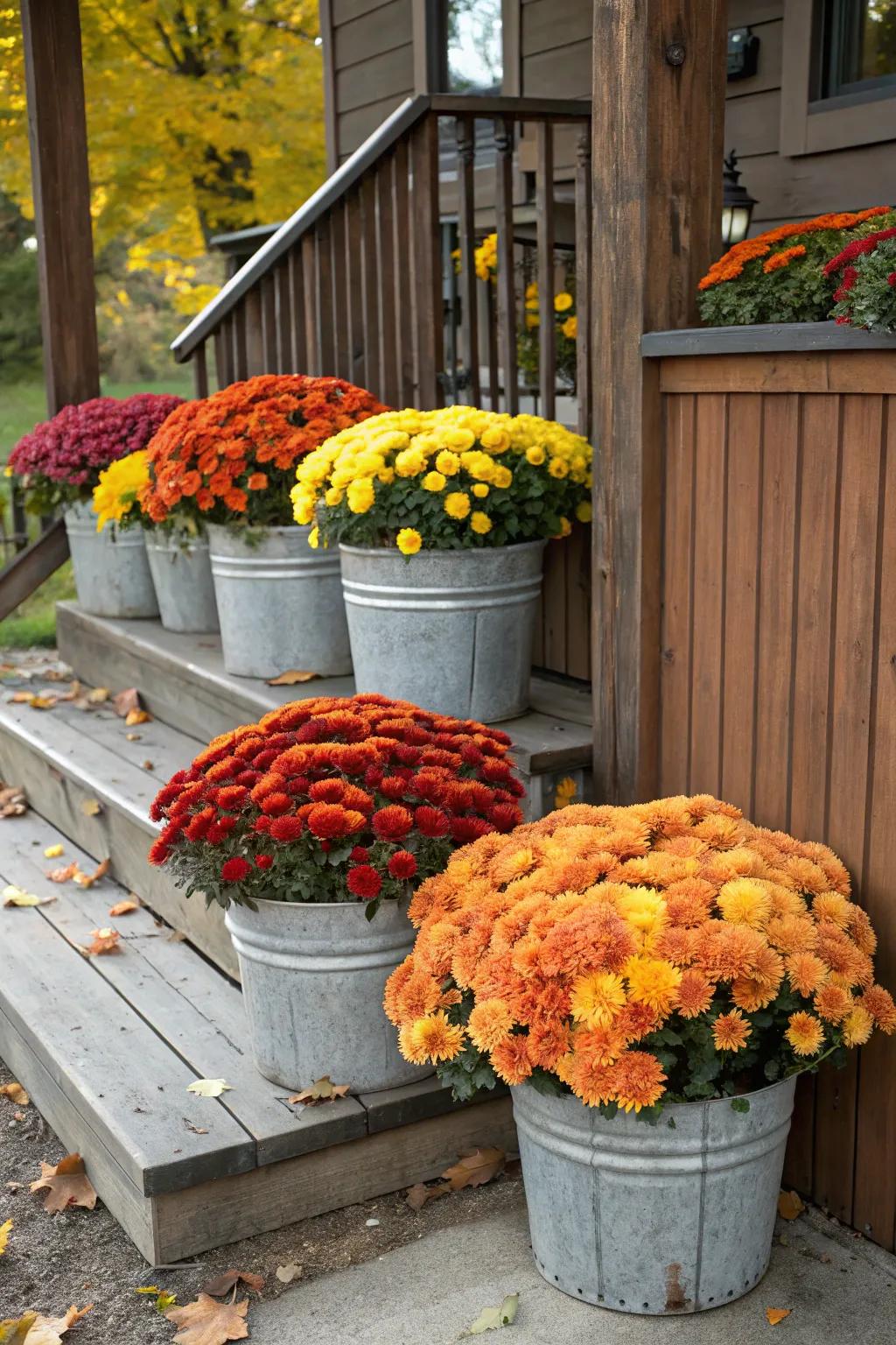 Galvanized buckets filled with mums offer a charming rustic look.