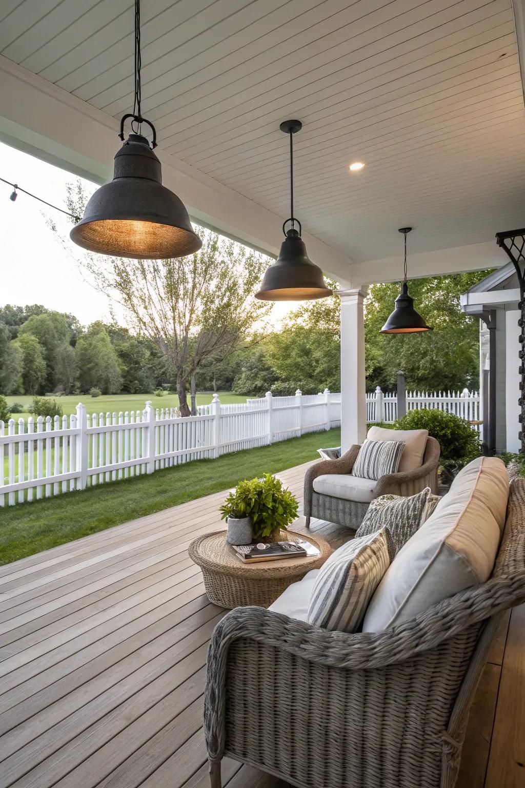 Oversized pendant lights make a bold statement on this farmhouse porch.