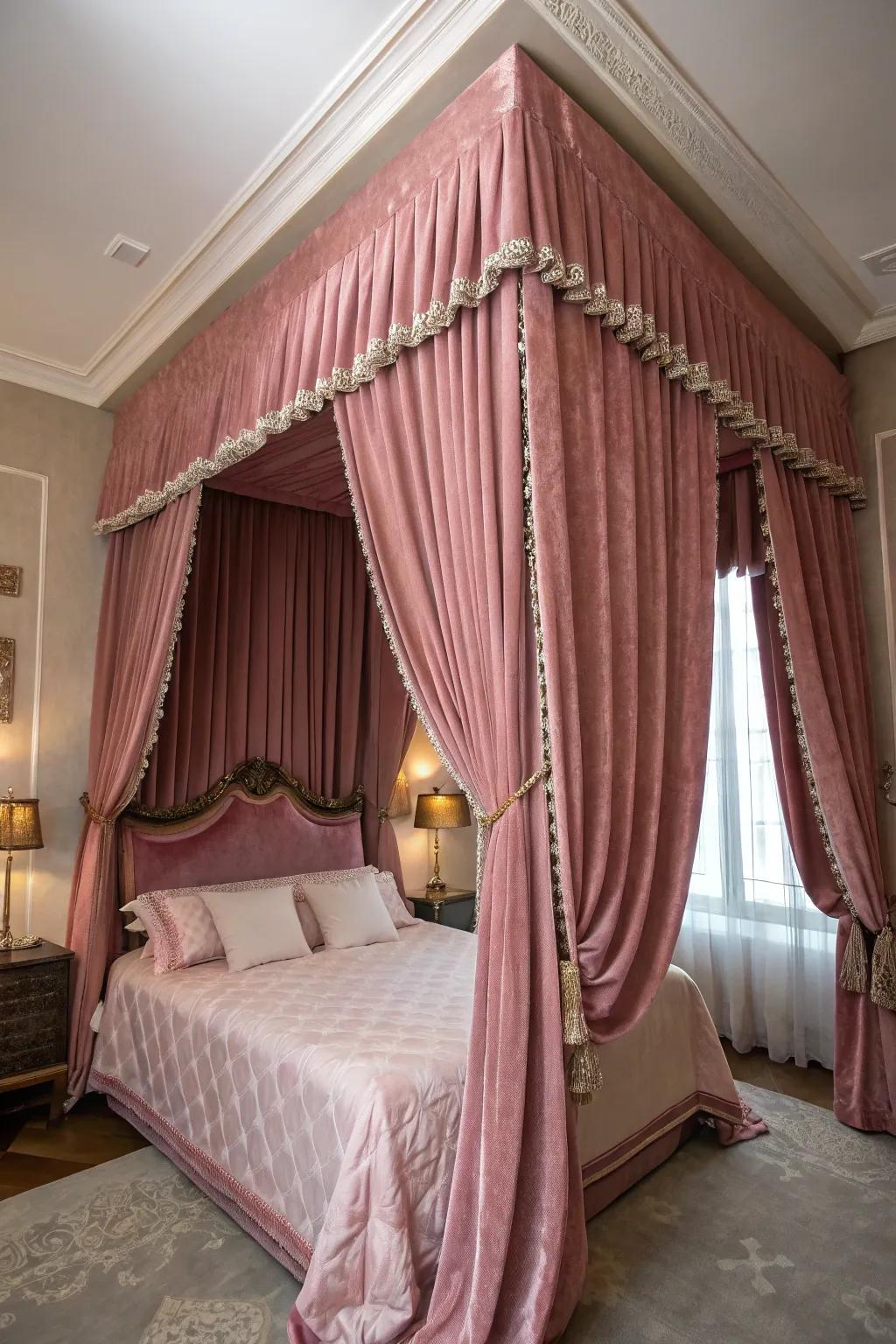 Rich pink velvet curtains adding luxury and warmth to the bedroom.