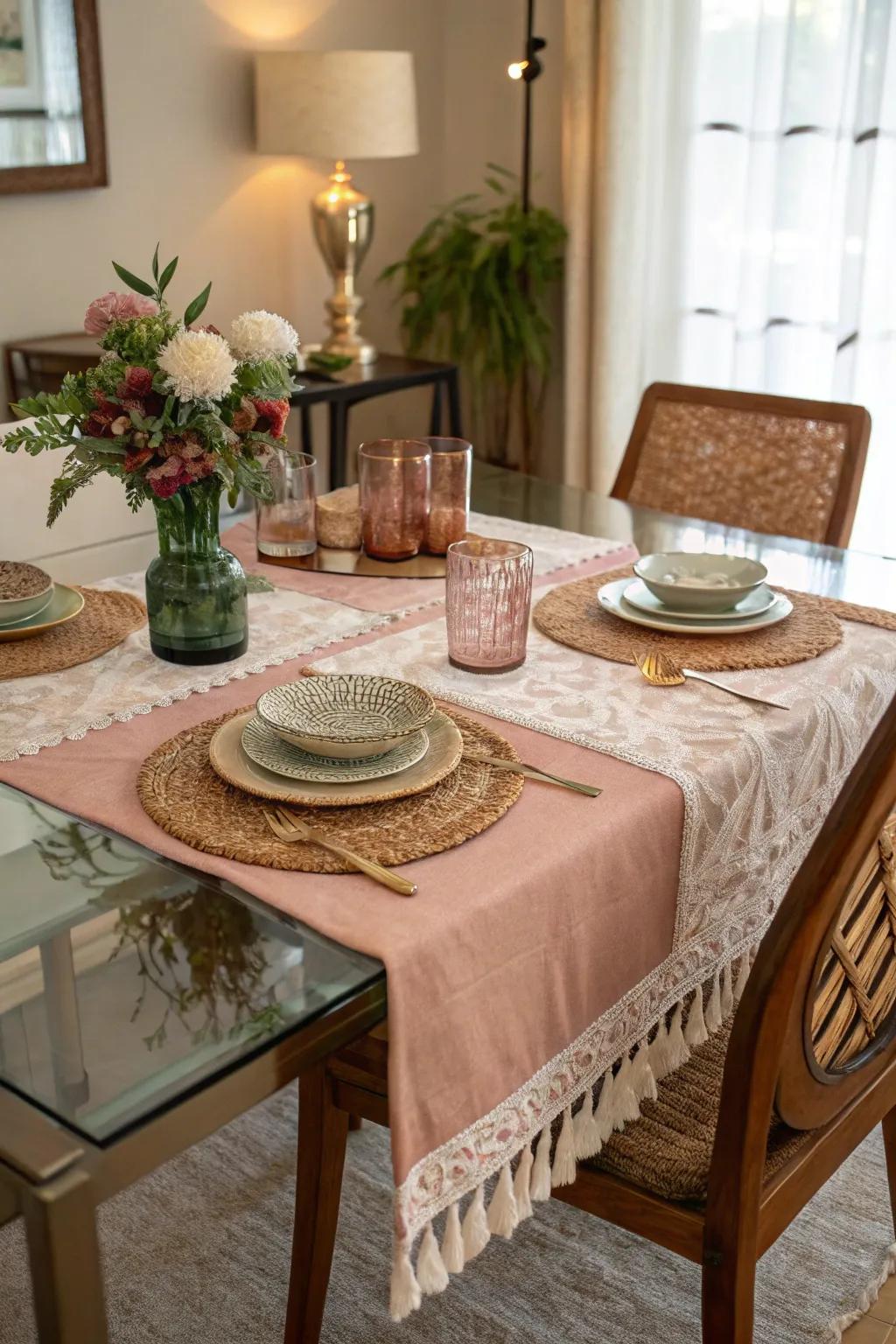 Textiles add warmth and texture to a glass dining table setting.