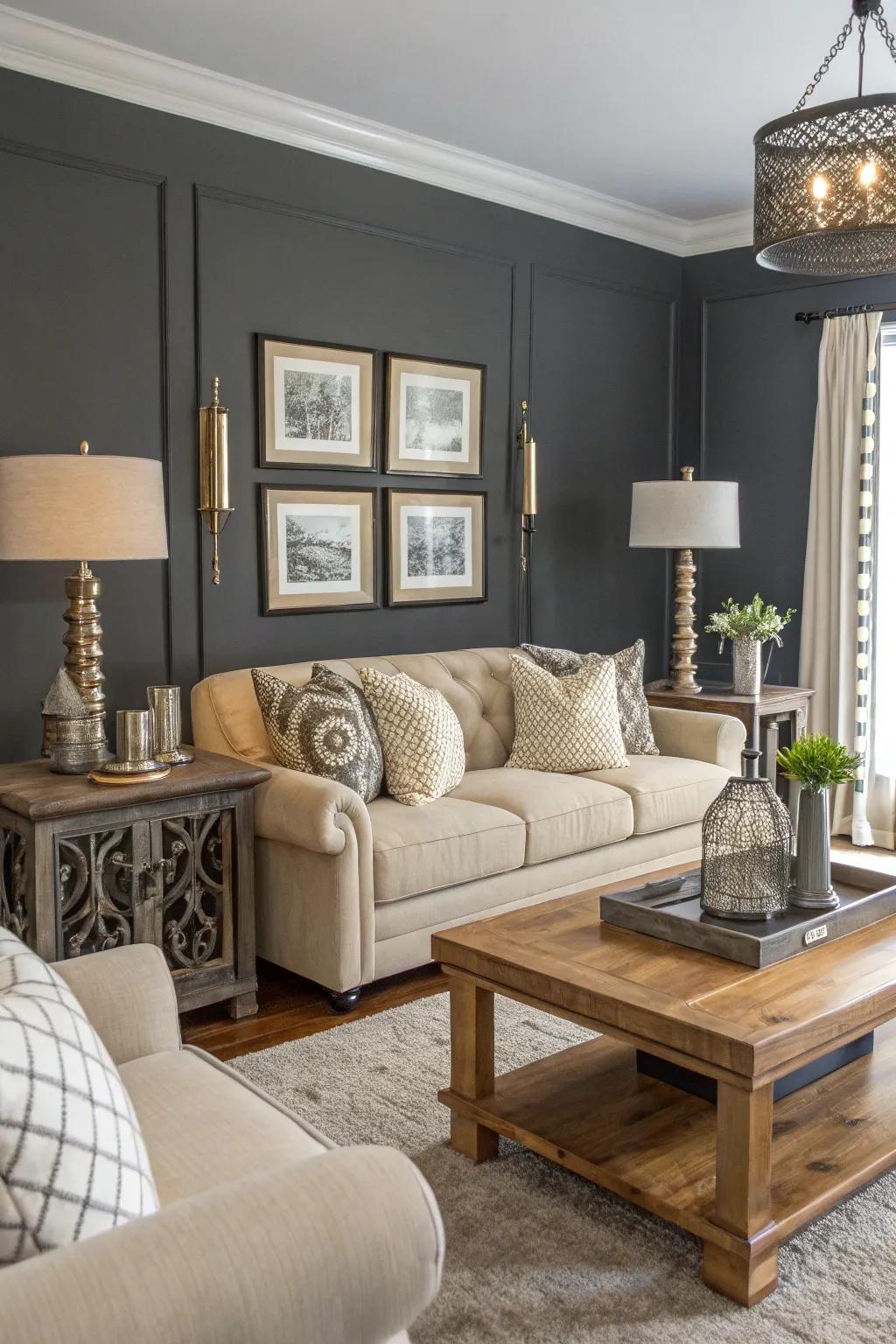 Dark gray walls add drama and elegance to any living room.