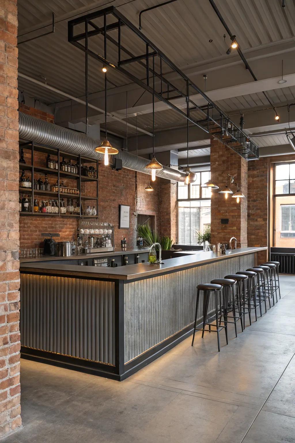 An industrial chic L-shaped bar with metal accents and exposed brick.