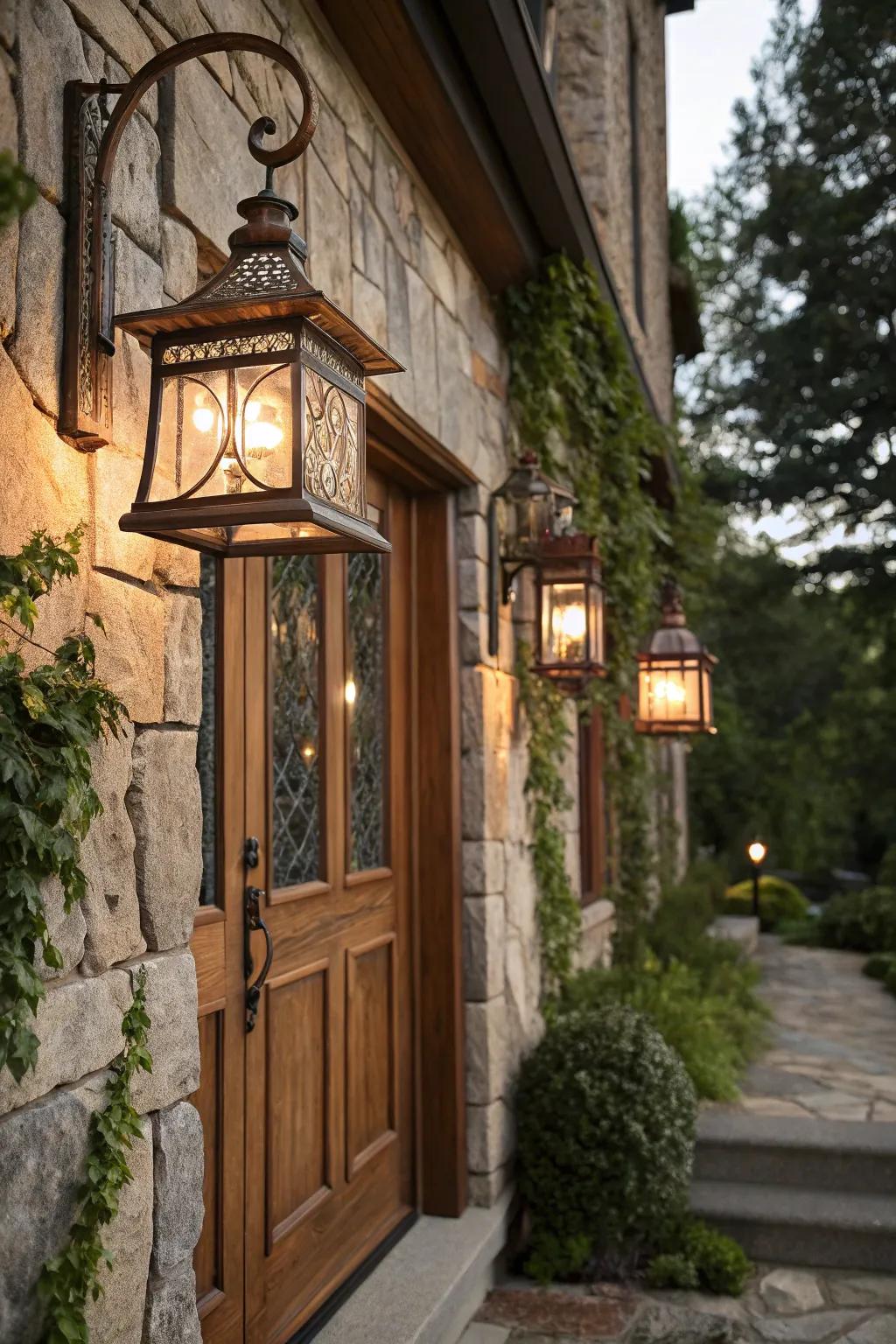 Lantern-style lights offer a warm, rustic welcome