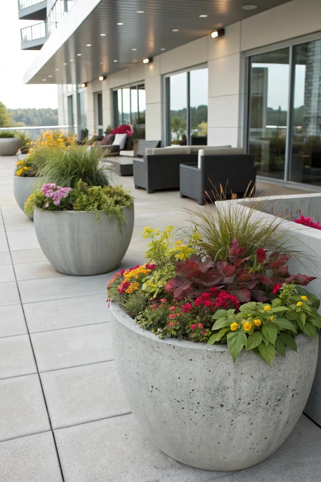 Concrete planters offer a chic industrial look.