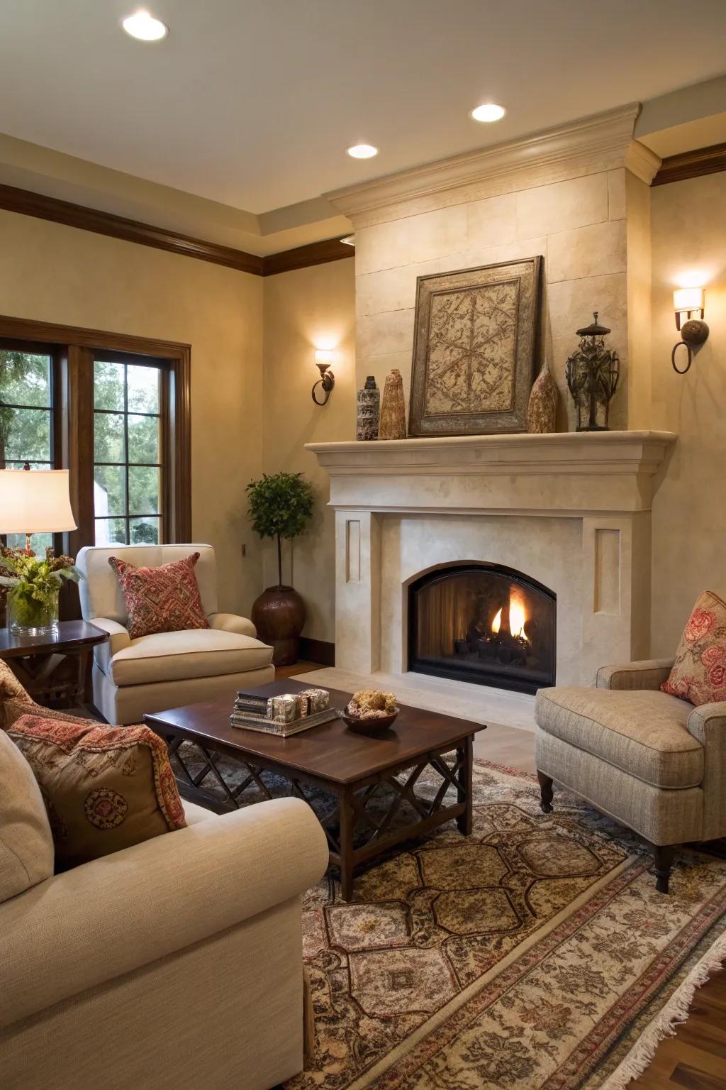 A corner plaster fireplace can enhance space and coziness.