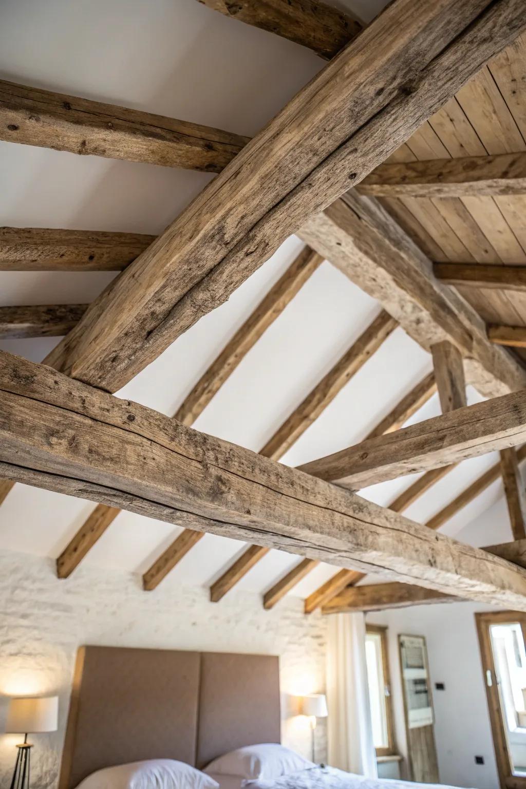 Exposed wooden beams provide an authentic rustic vibe to the bedroom.