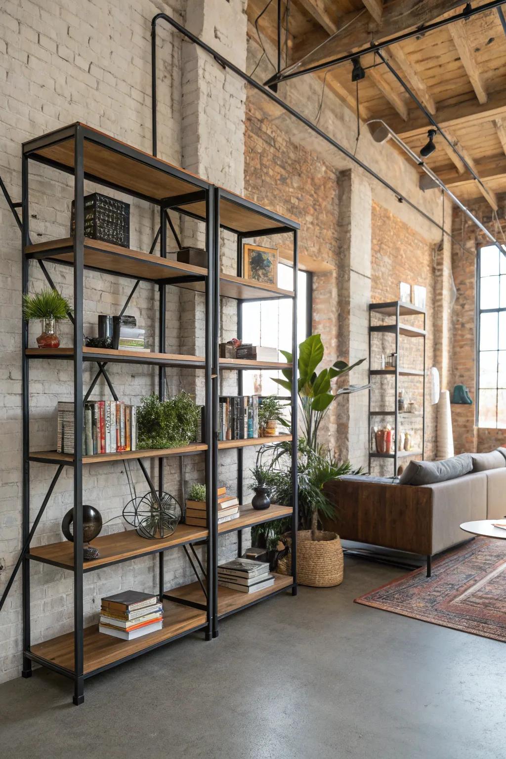 Metal shelves add an industrial chic vibe to the space.