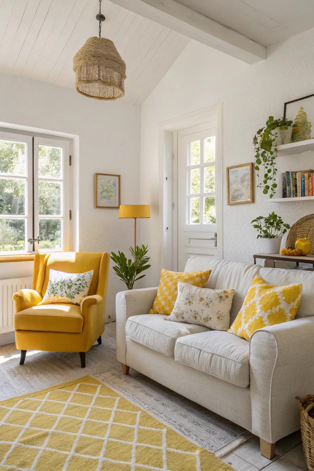 Bright yellow accents bring warmth and vibrancy to a neutral living room.