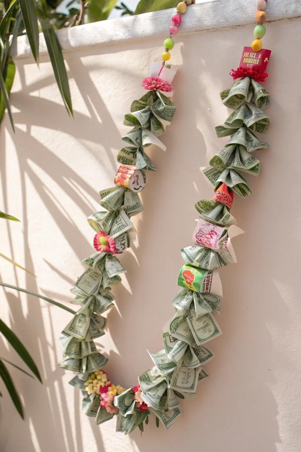 Sweeten your celebration with a chic candy and money lei, perfect for a touch of whimsy and elegance!