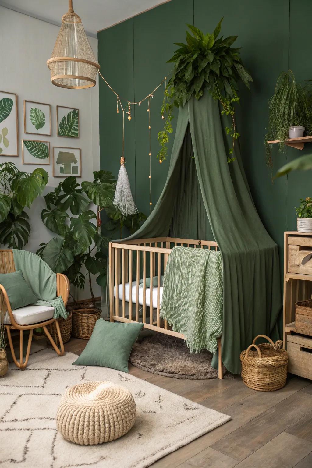 Moody green accents bring a touch of nature and calm.