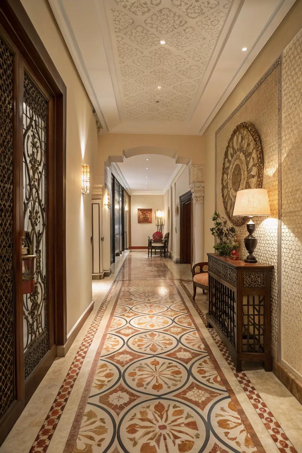 Step into elegance with intricate mosaic flooring.