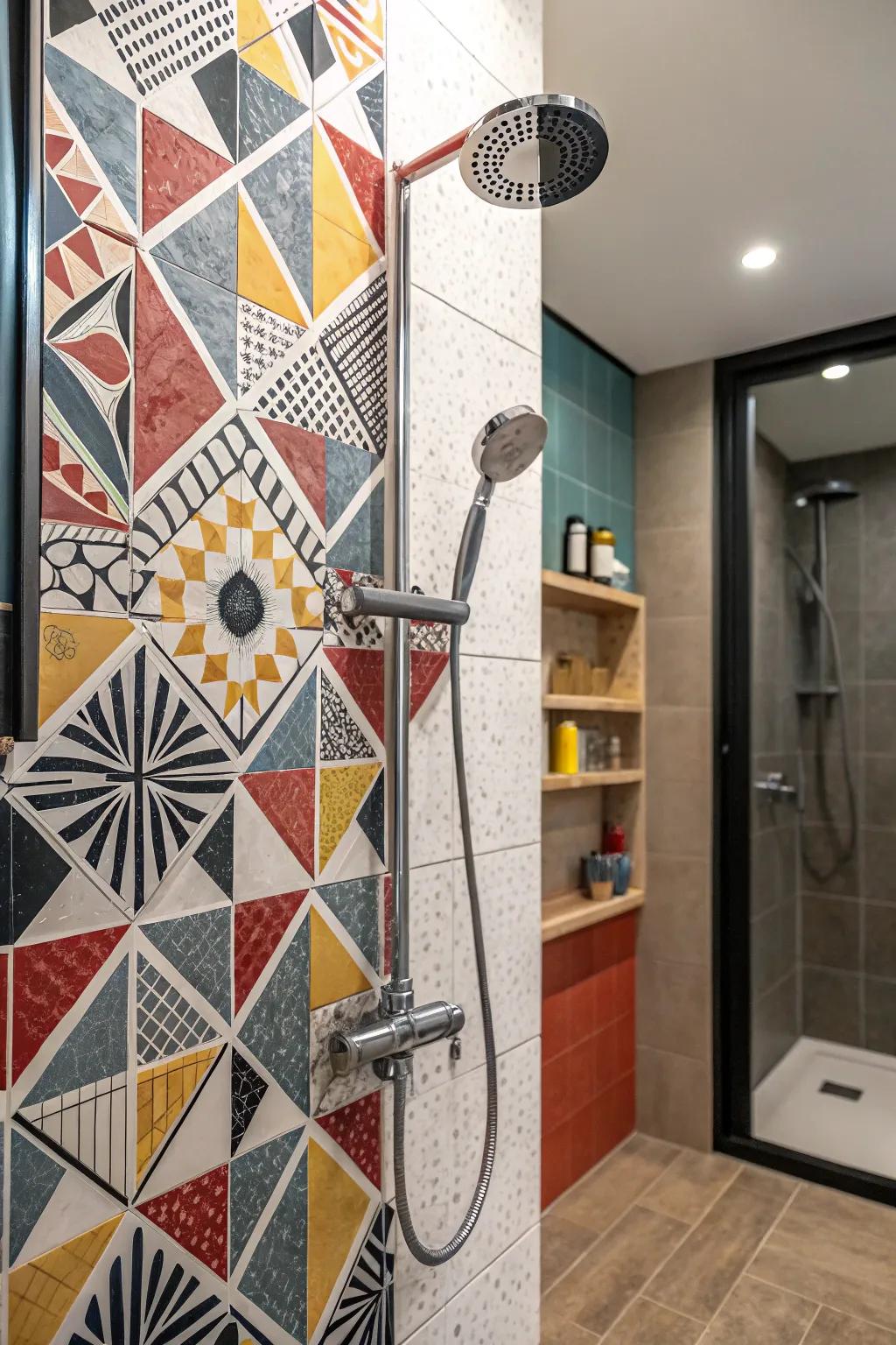 Geometric mosaic patterns make a bold statement in this shower.