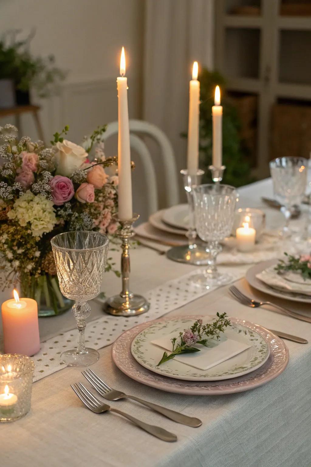 An elegant candlelit centerpiece creates a cozy ambiance for Mother's Day.