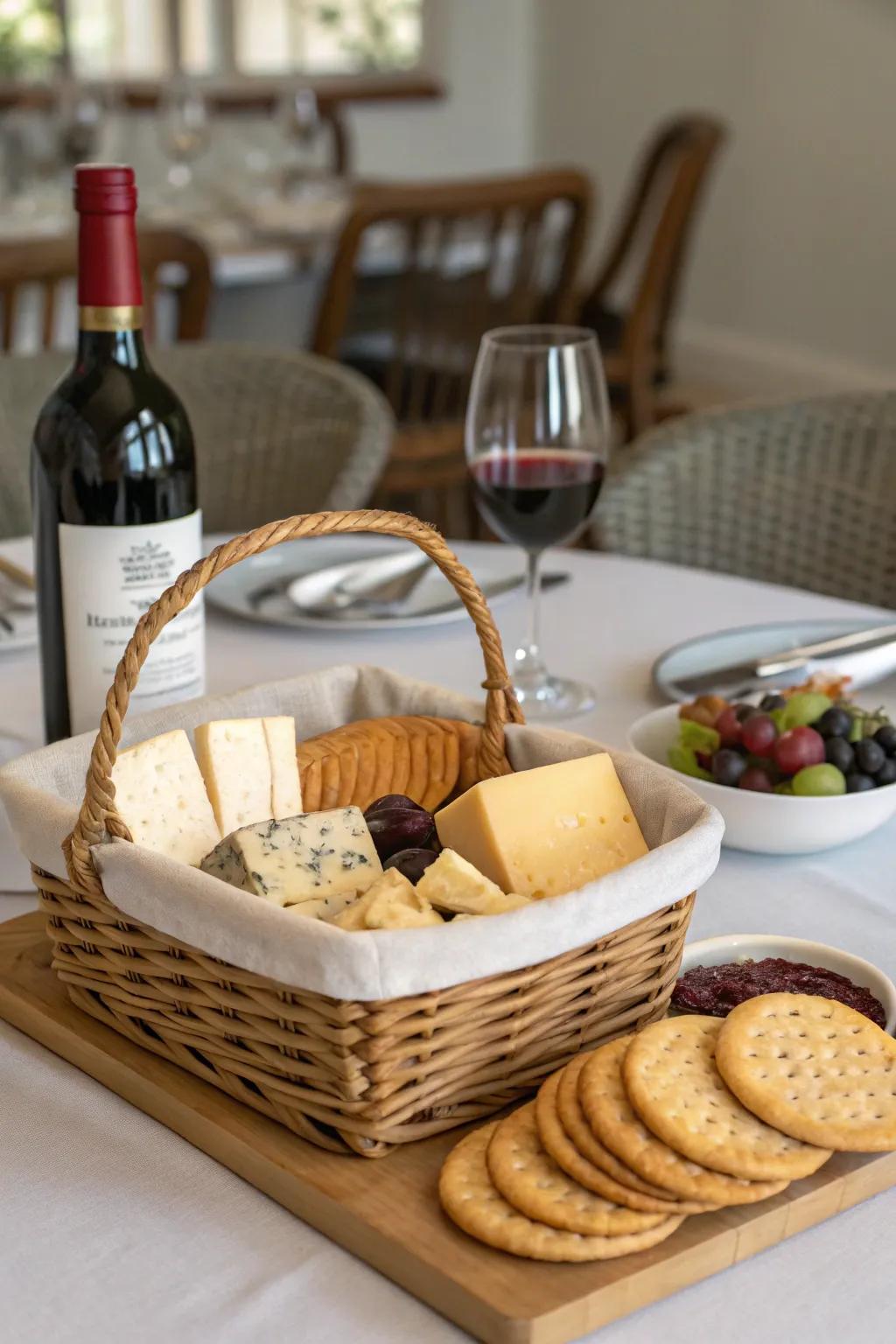 An indulgent wine and cheese basket for a sophisticated mom.